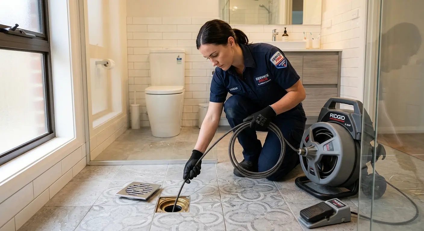 Technician clearing a bathroom floor drain for Drain Cleaning in Newnan